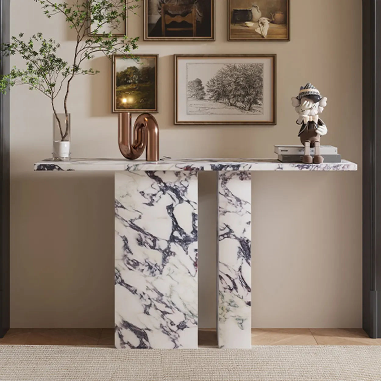 Twin Pedestal Marble Console Table — Black