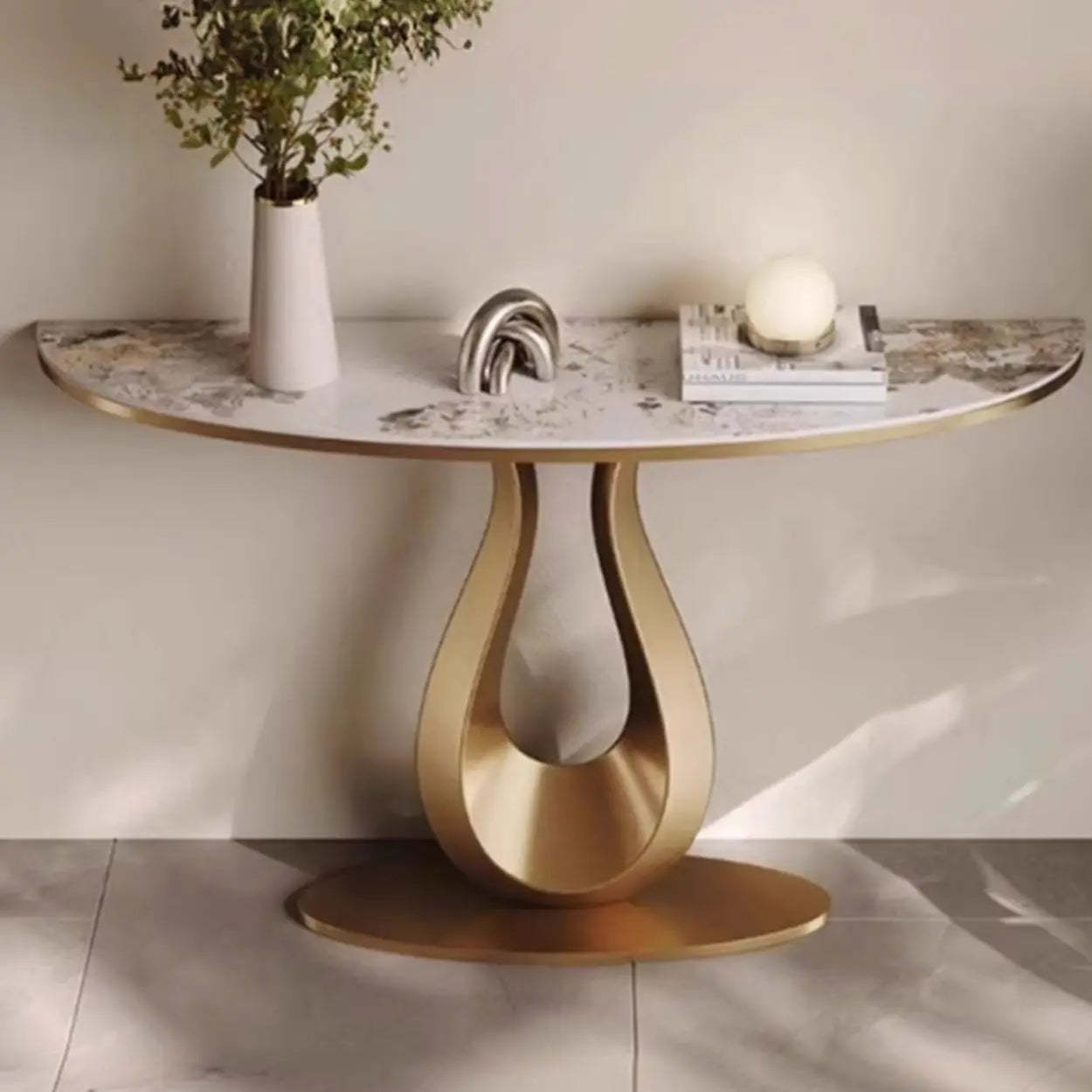Decorative U-Shaped Gold Base Marble Console Table