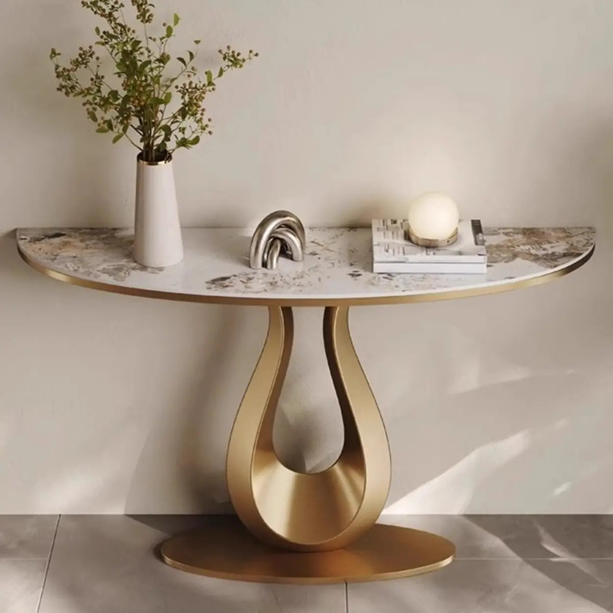 Decorative U-Shaped Gold Base Marble Console Table