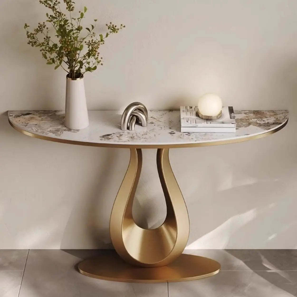 Decorative U-Shaped Gold Base Marble Console Table