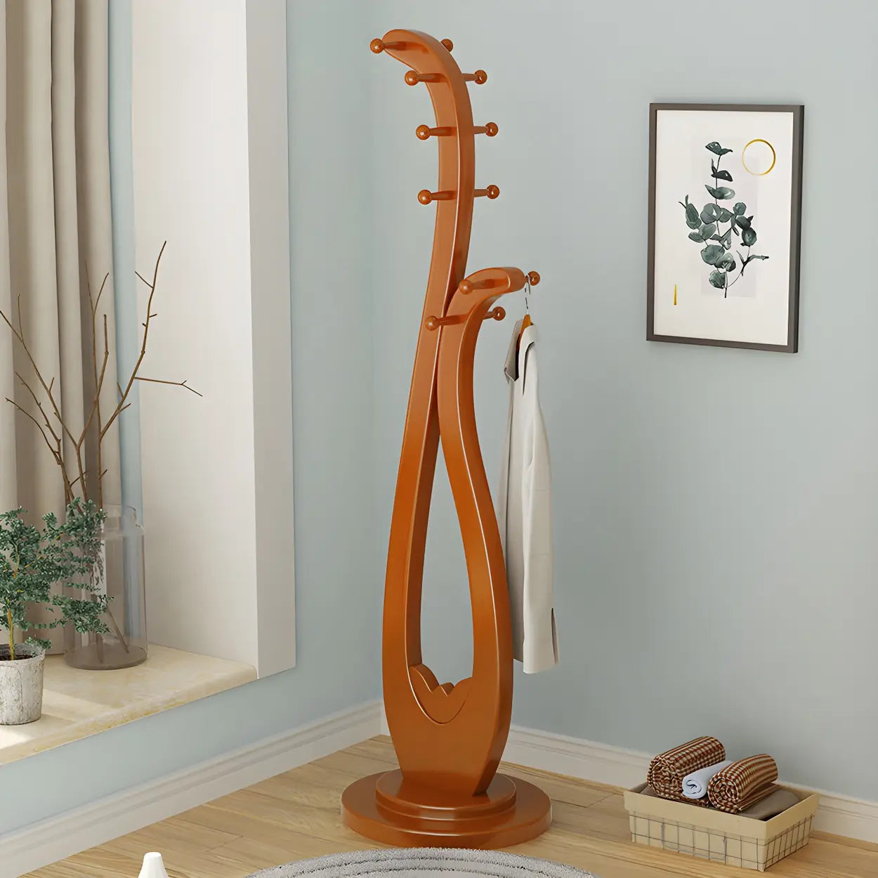 Decorative Cherry Wood Freestanding Coat Rack — Natural Finish