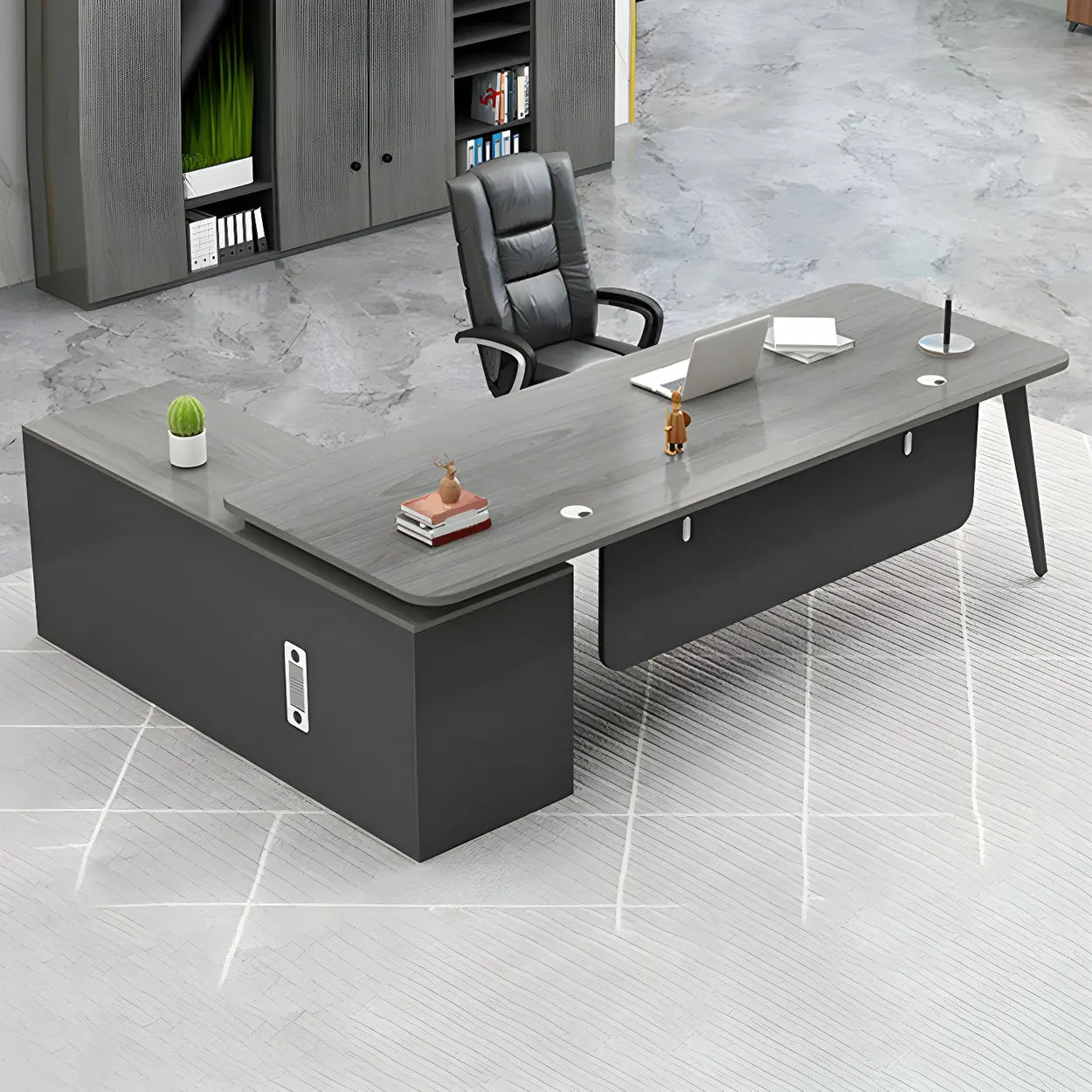 Deep Wood Steel Pedestal Executive Desk — Black / Table Only