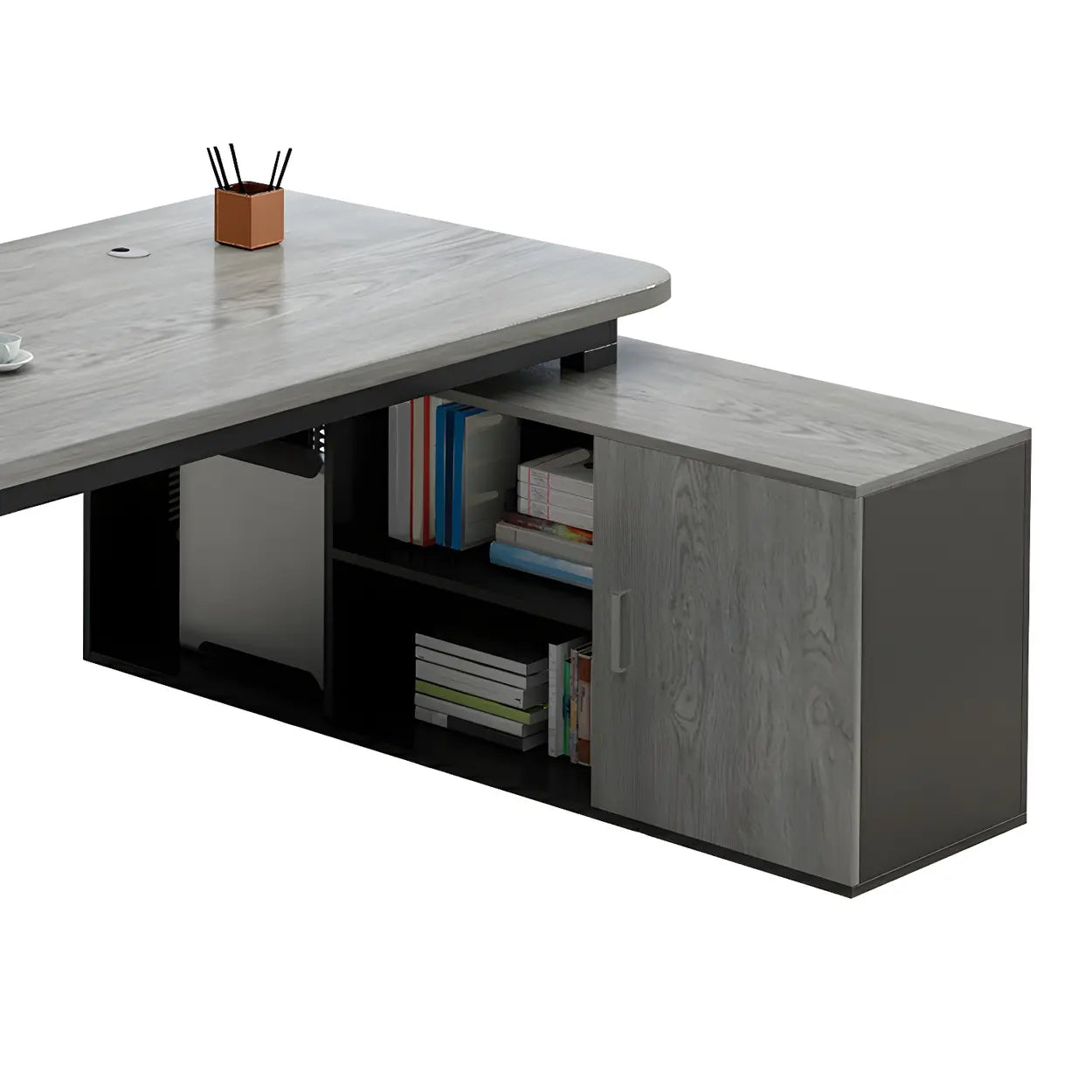 Deep Wood Steel Pedestal Executive Desk — Black / Table Only