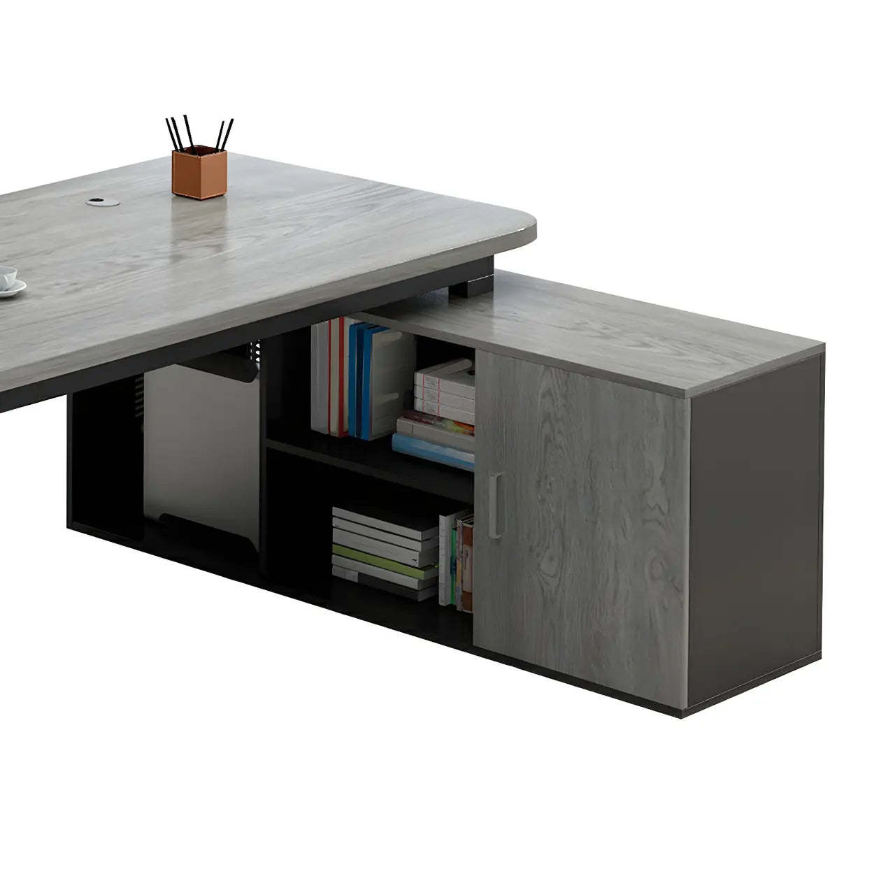 Deep Wood Steel Pedestal Executive Desk — Black / Table Only