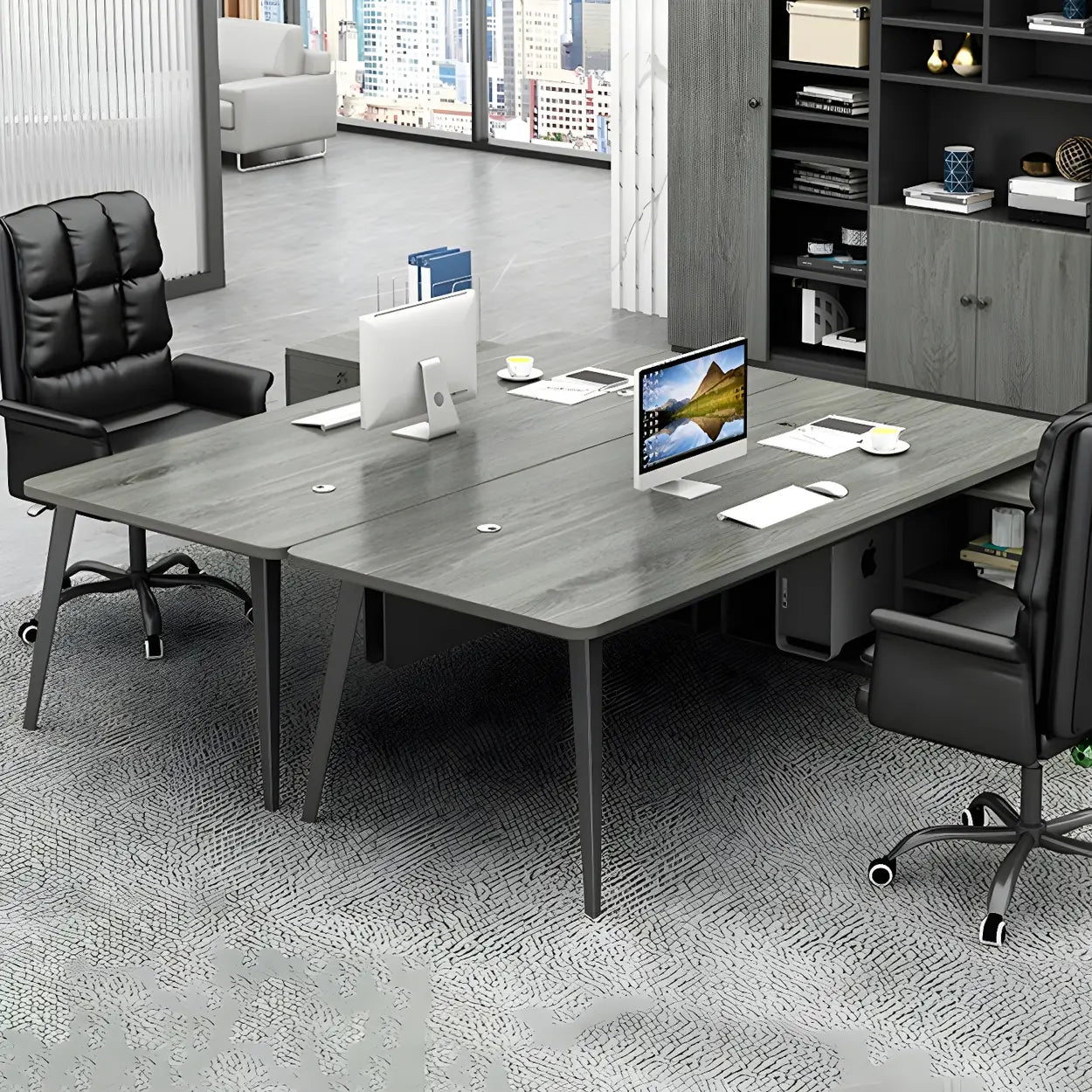 Deep Wood Steel Pedestal Executive Desk — White / Table Only