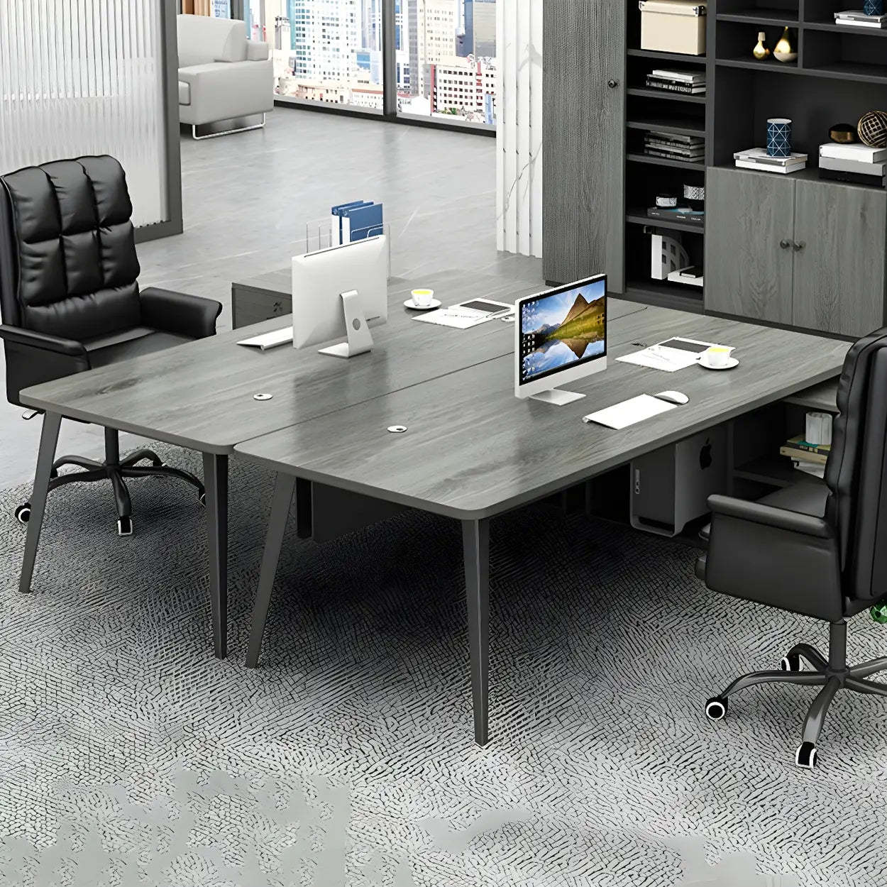Deep Wood Steel Pedestal Executive Desk — White / Table Only