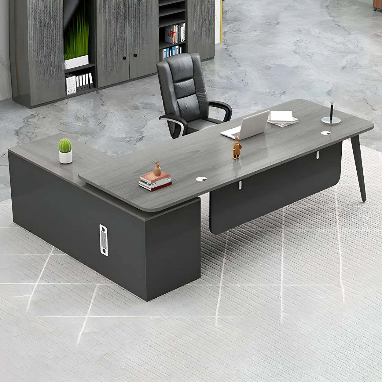 Deep Wood Steel Pedestal Executive Desk — Black / Table Only