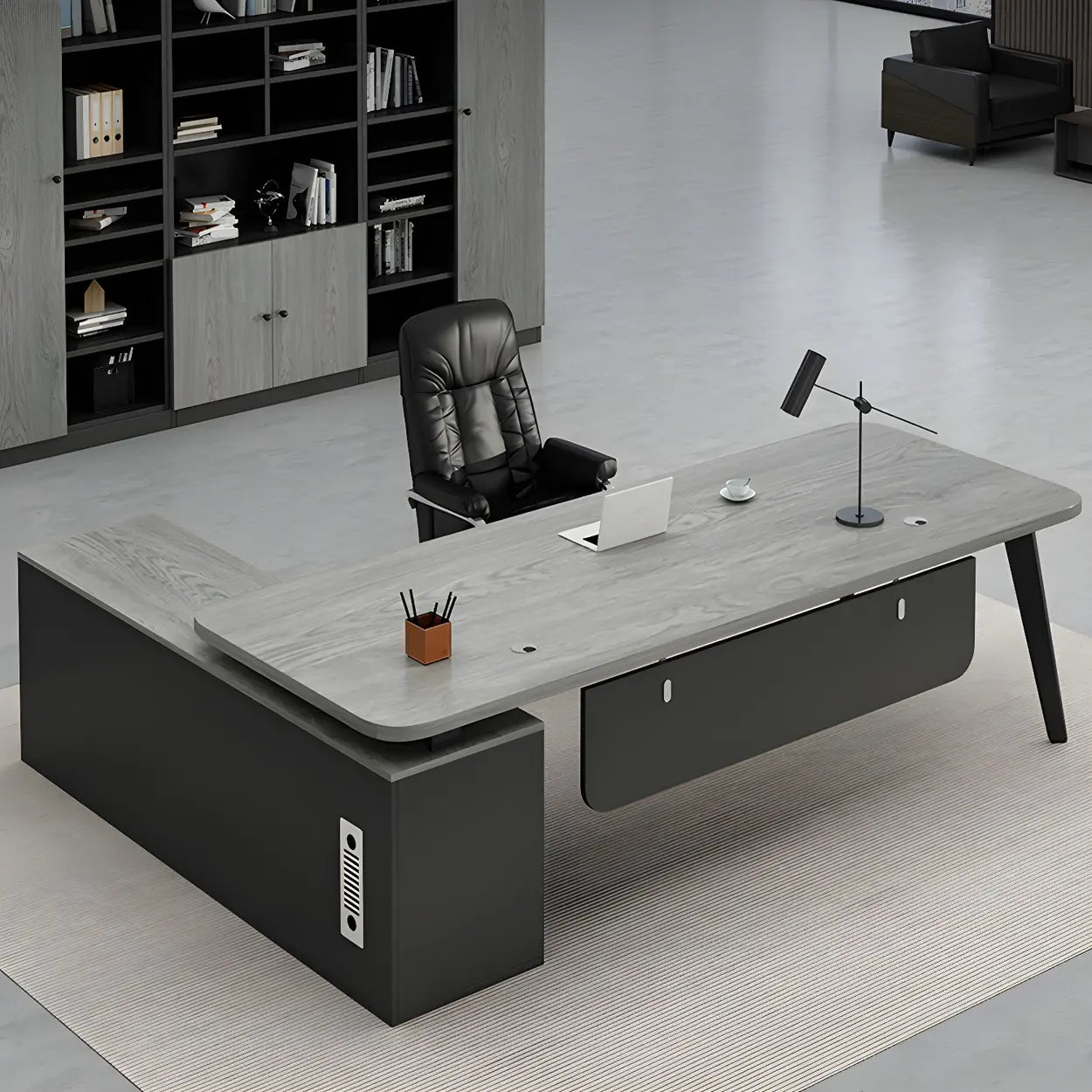 Deep Wood Steel Pedestal Executive Desk — Gray / Table Only
