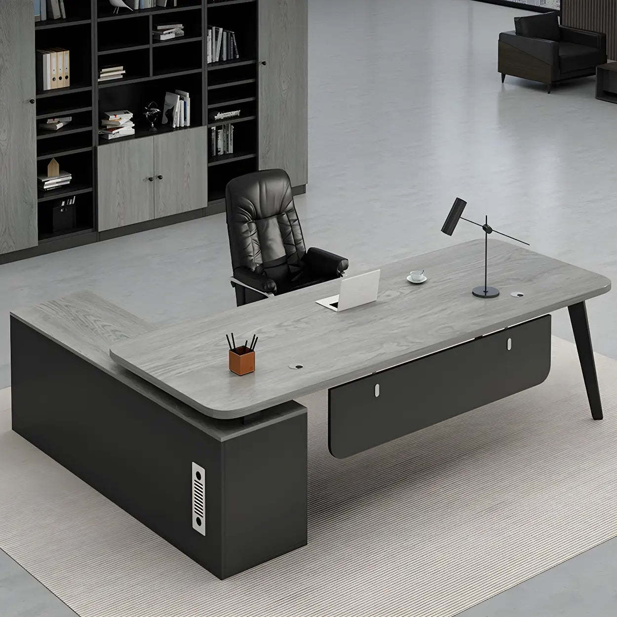 Deep Wood Steel Pedestal Executive Desk — Gray / Table Only