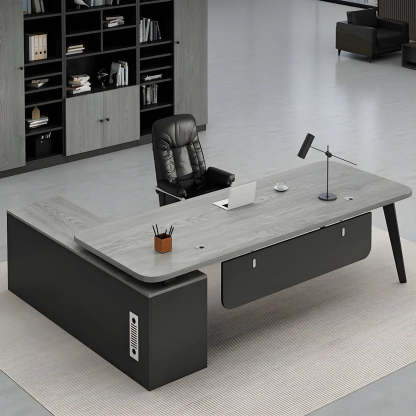 Deep Wood Steel Pedestal Executive Desk — Gray / Table Only