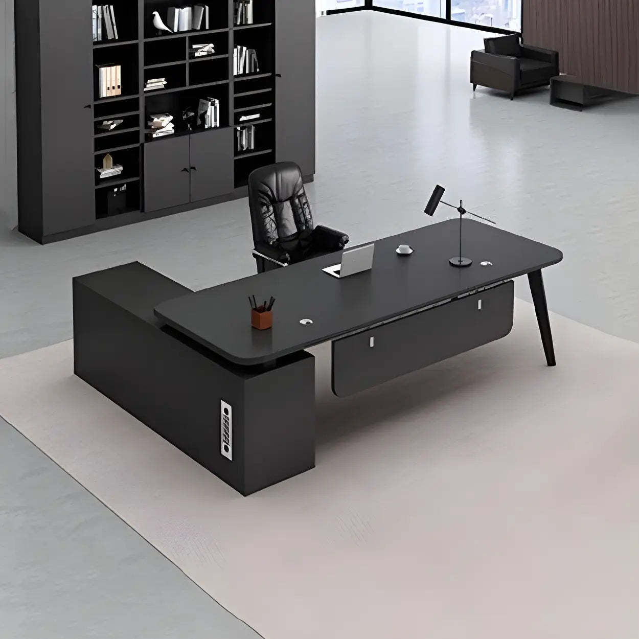 Deep Wood Steel Pedestal Executive Desk — Gray / Table Only