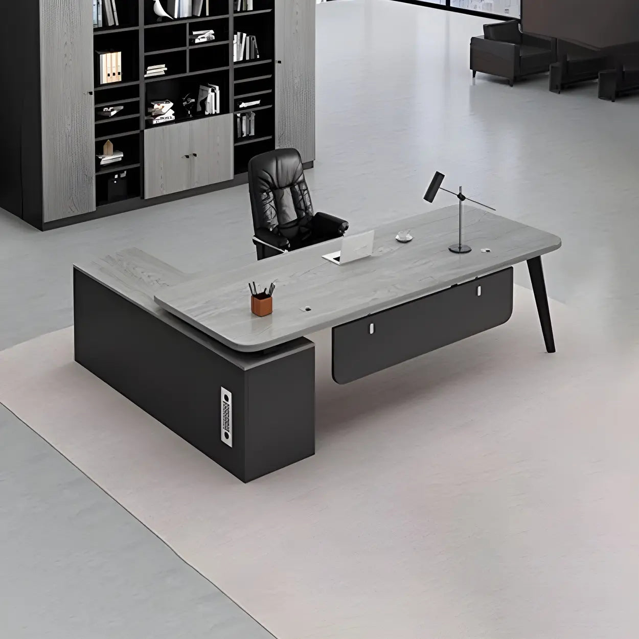 Deep Wood Steel Pedestal Executive Desk — White / Table Only
