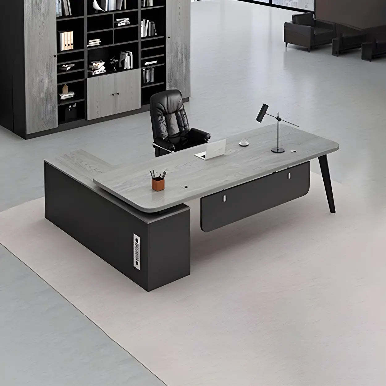 Deep Wood Steel Pedestal Executive Desk — White / Table Only