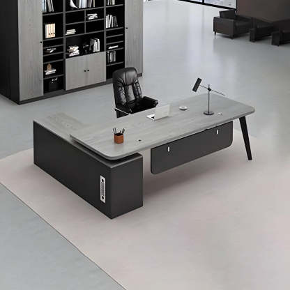 Deep Wood Steel Pedestal Executive Desk — White / Table Only