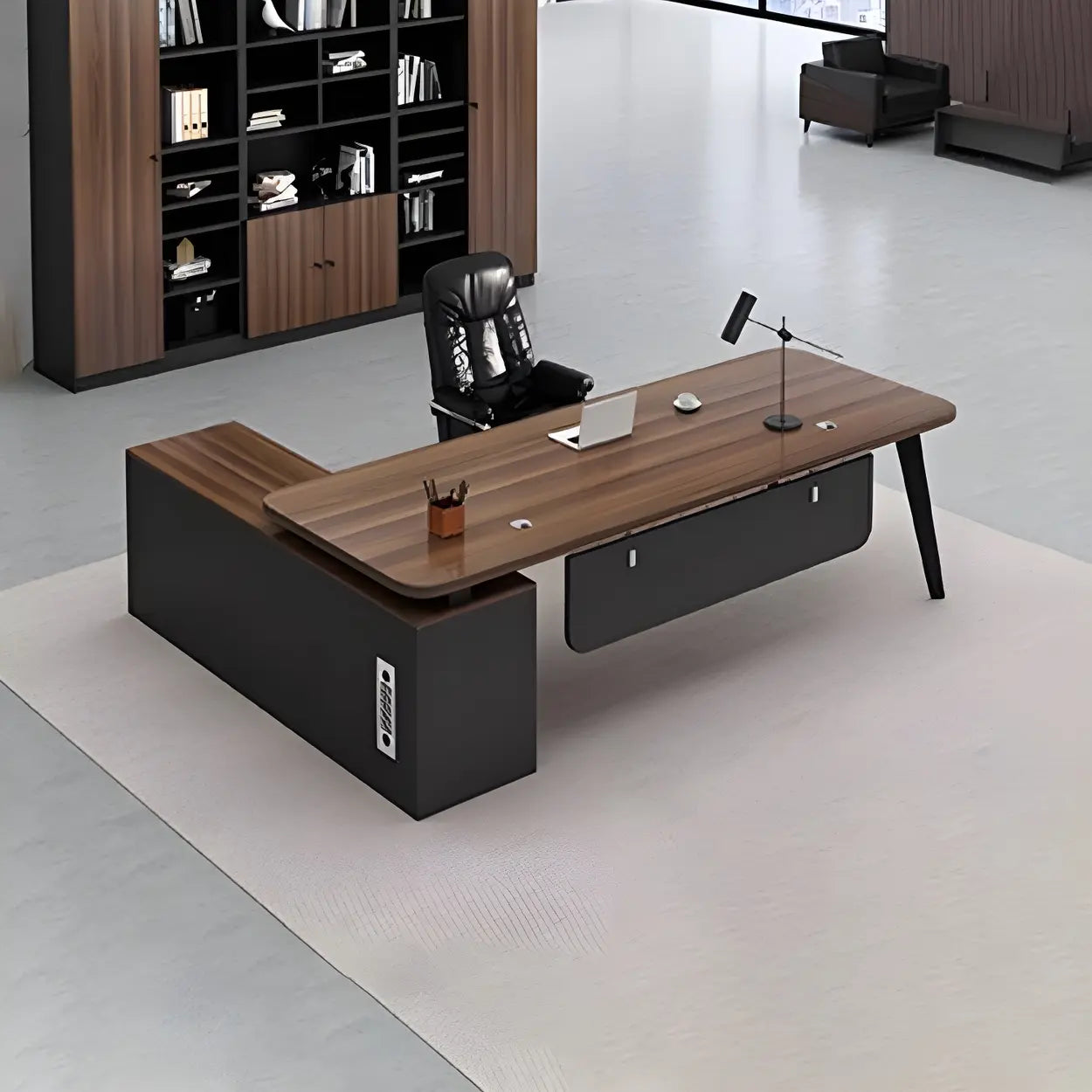 Deep Wood Steel Pedestal Executive Desk — Black / Table Only