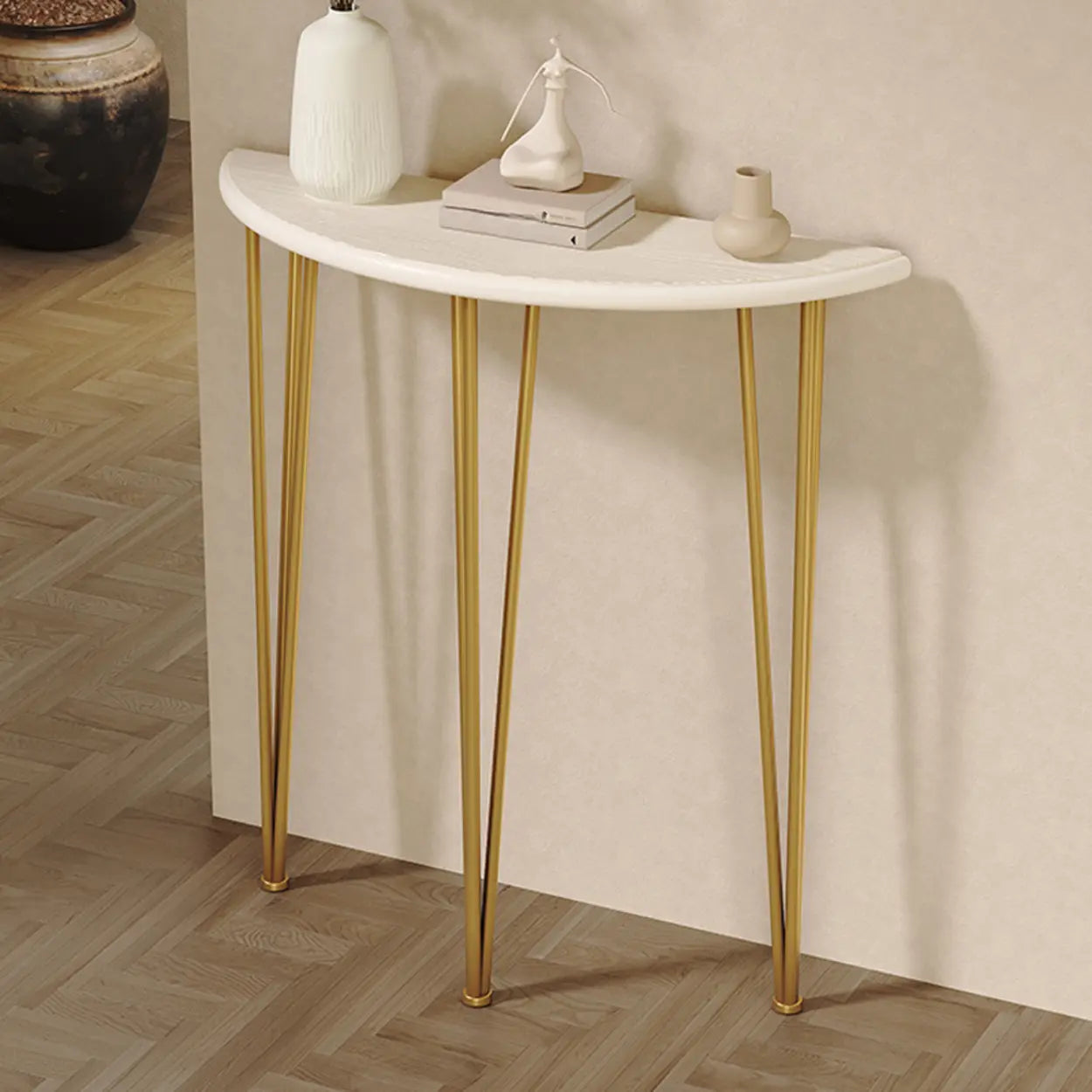 Demilune Pine Wood Gold Metal Console Table — Black