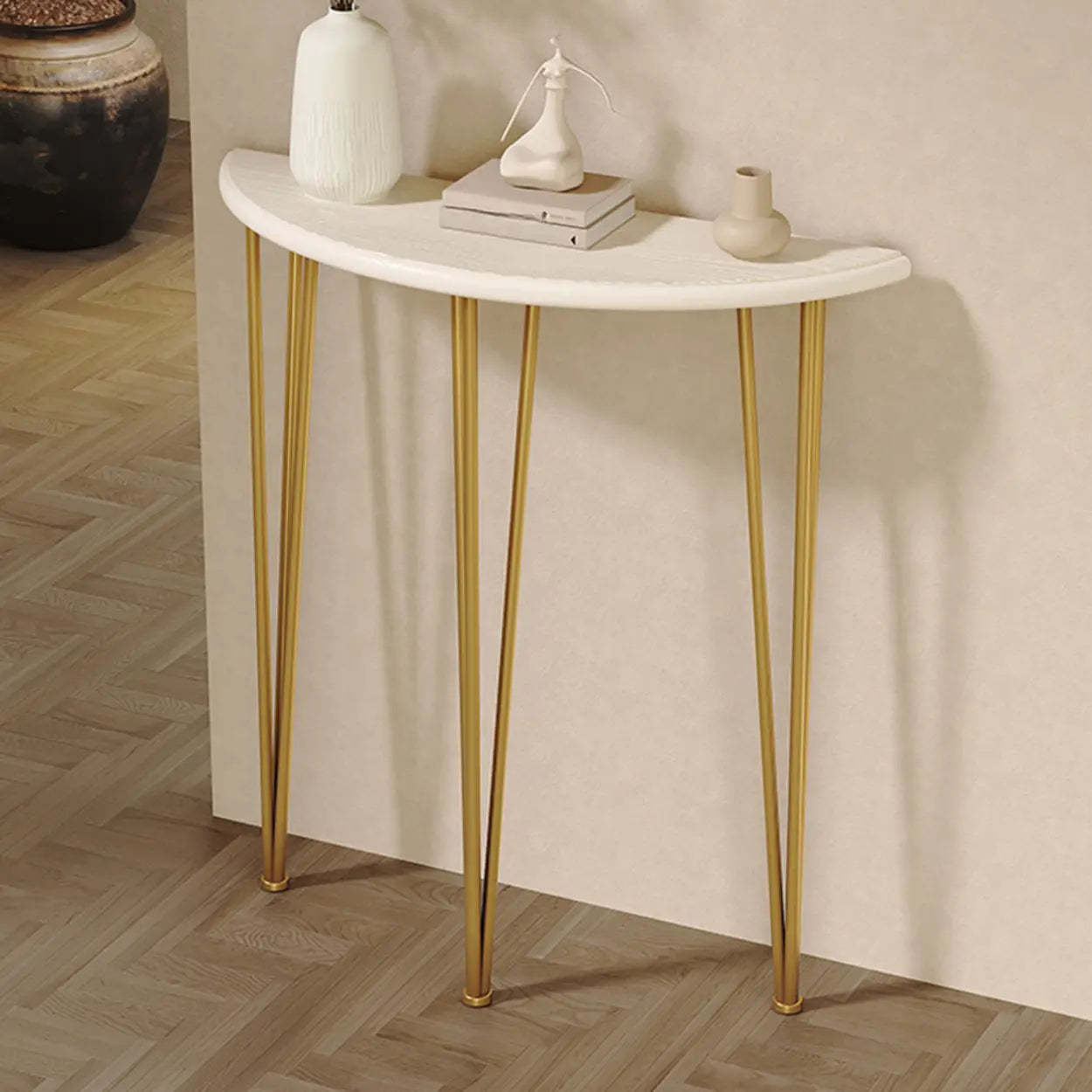 Demilune Pine Wood Gold Metal Console Table — Black