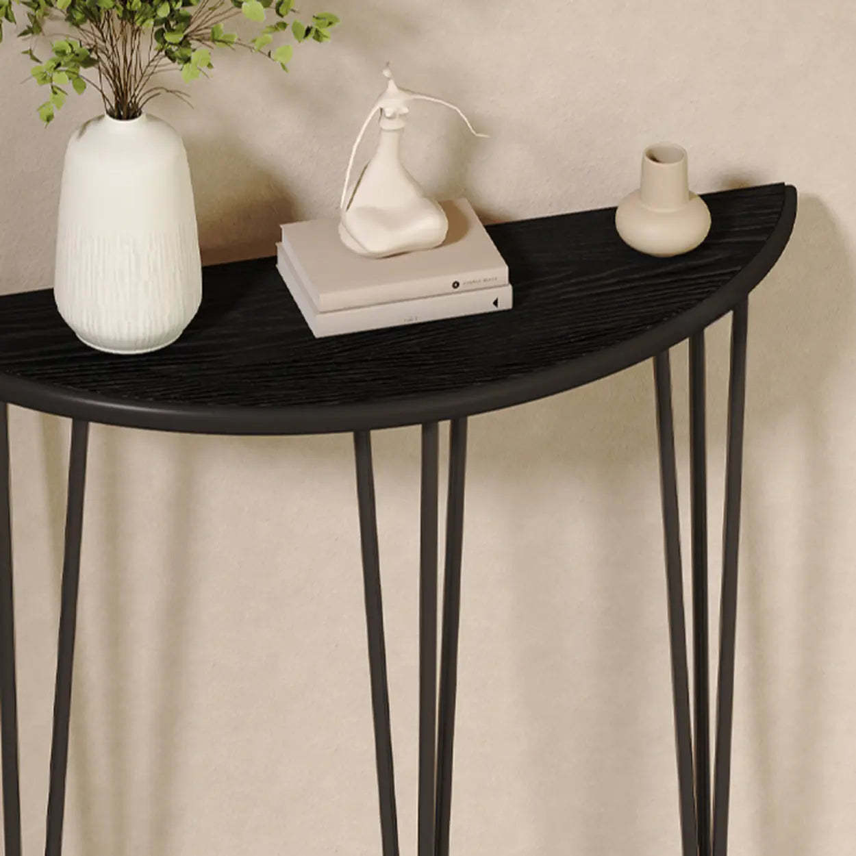Demilune Pine Wood Gold Metal Console Table — White