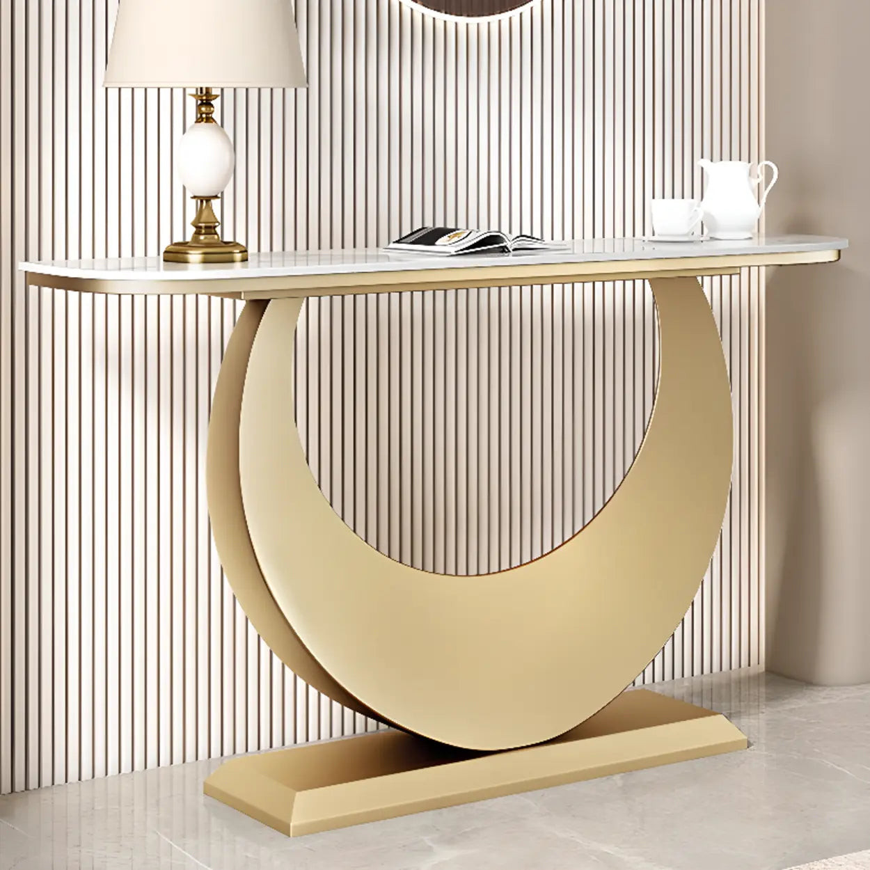 Demilune Sintered Stone Gold Console Table — Black / Gray