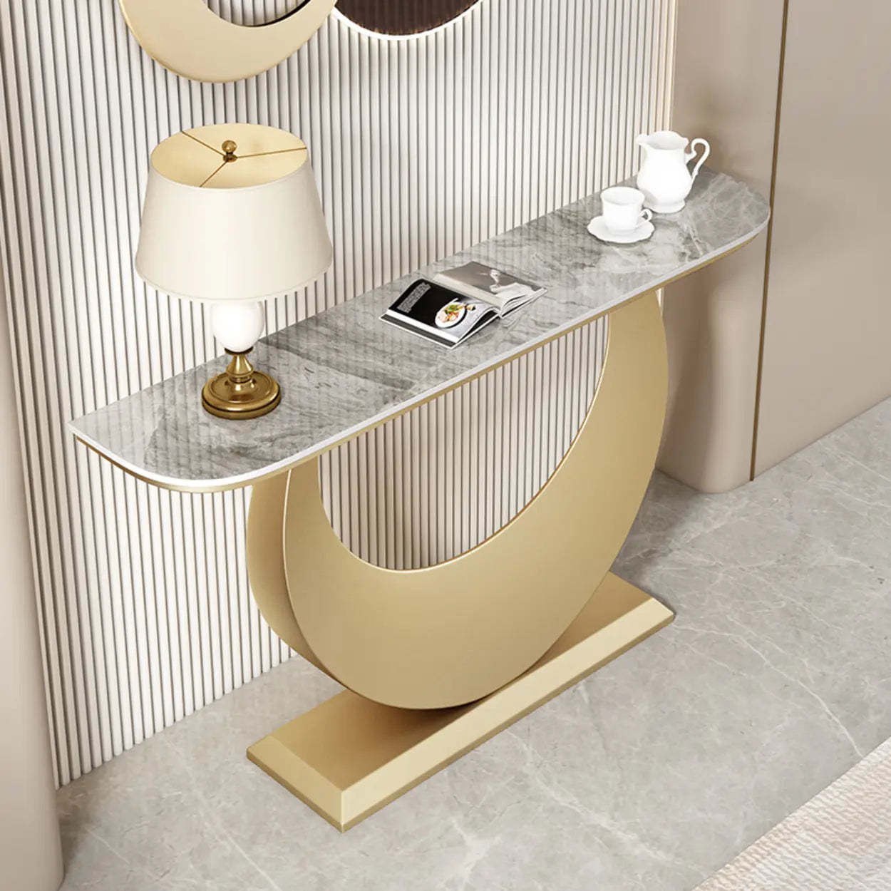 Demilune Sintered Stone Gold Console Table — Gold / White