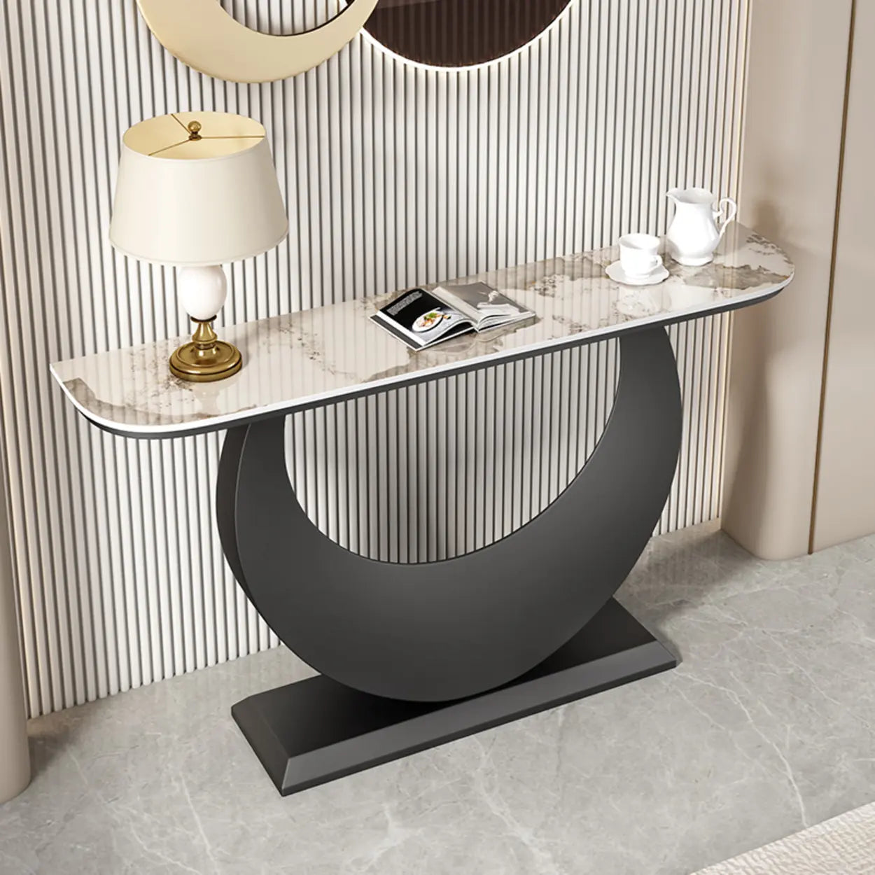 Demilune Sintered Stone Gold Console Table — Black / White