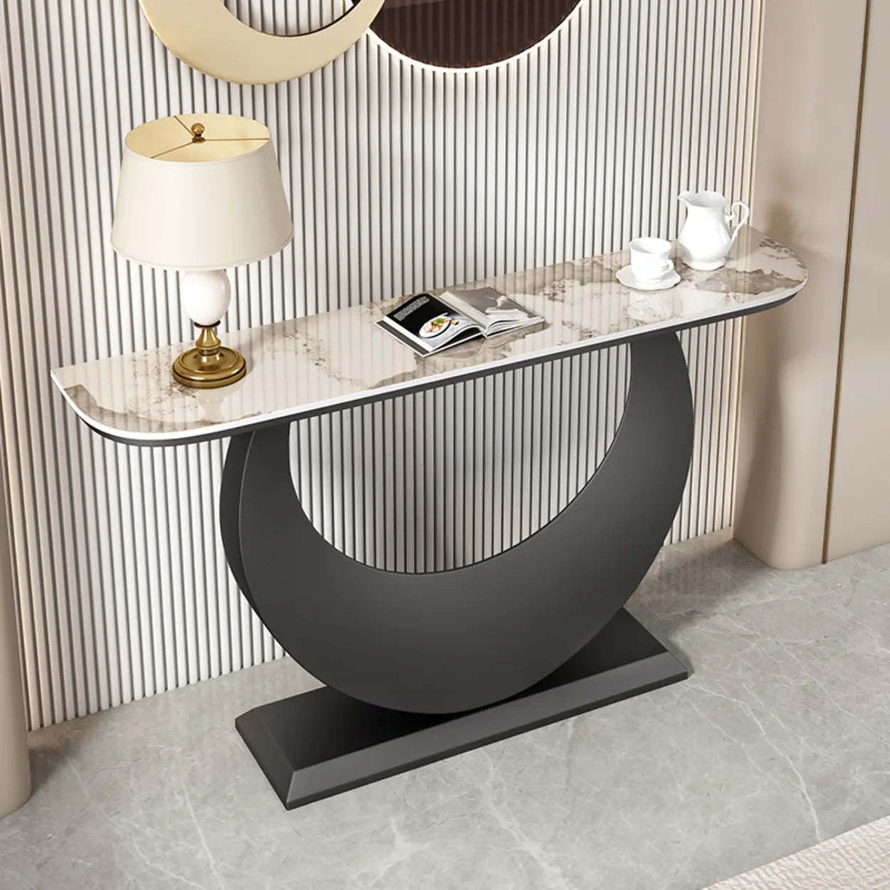 Demilune Sintered Stone Gold Console Table — Black / White