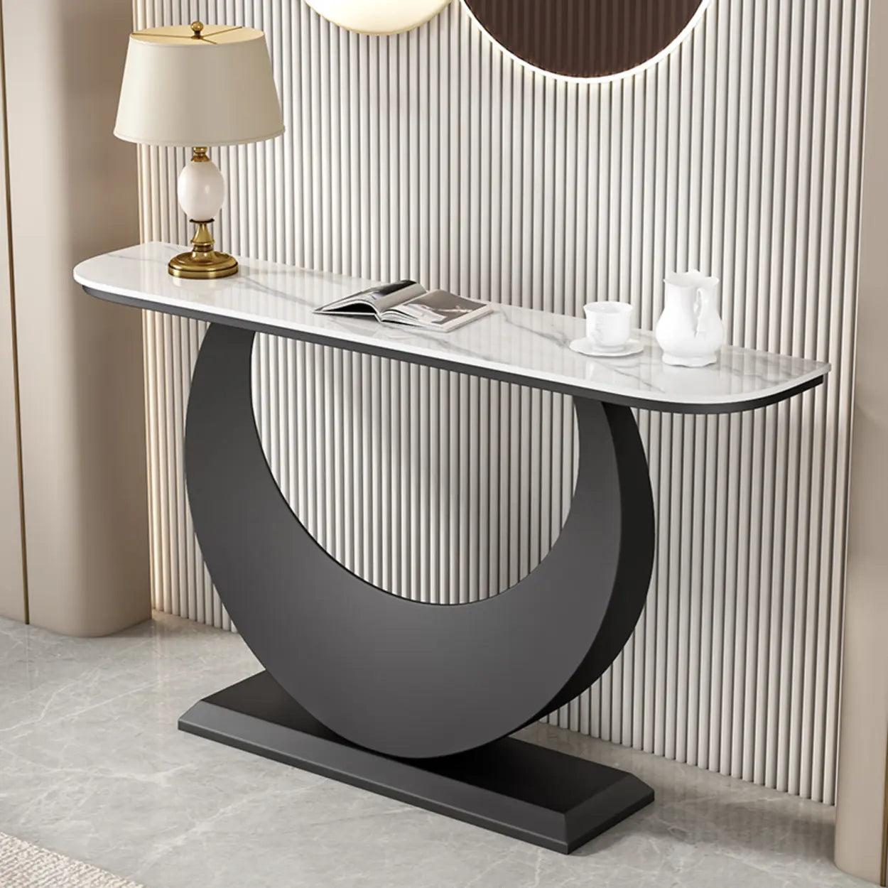 Demilune Sintered Stone Gold Console Table — Black / Pandora