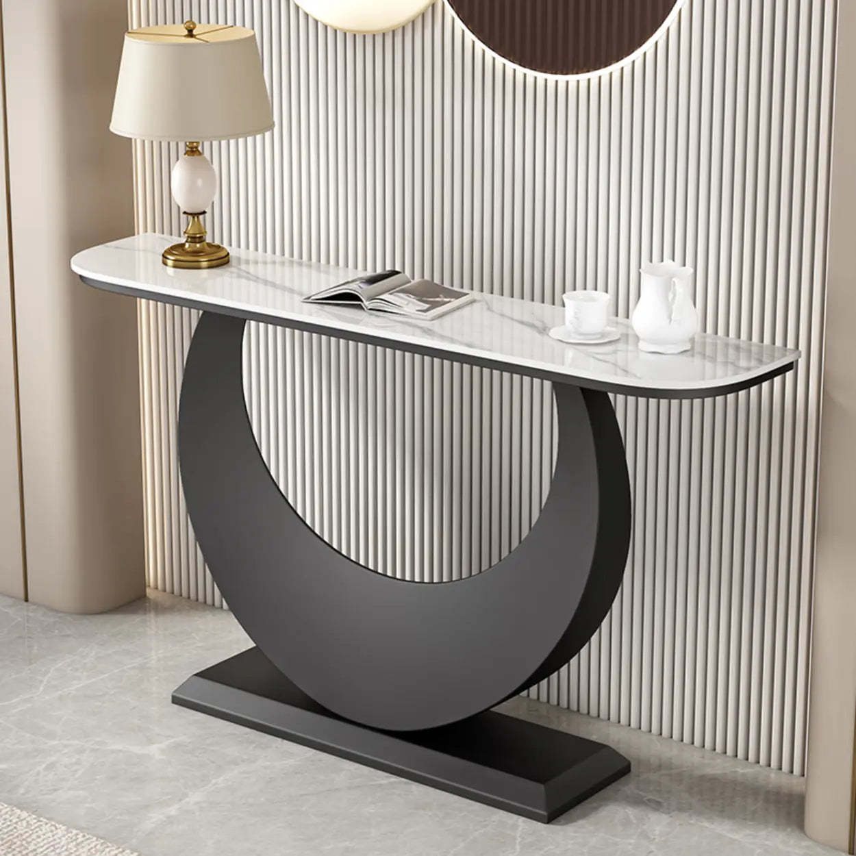 Demilune Sintered Stone Gold Console Table — Black / Pandora