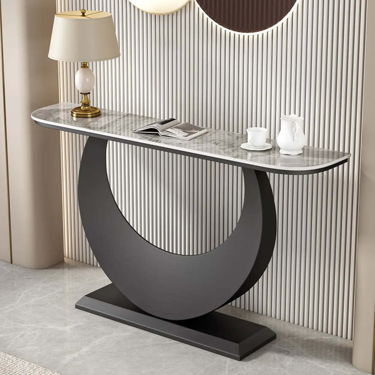 Luxury demilune sintered gold end & side tables in stone — 39" L x 12" W x 31" H / Gray / Black