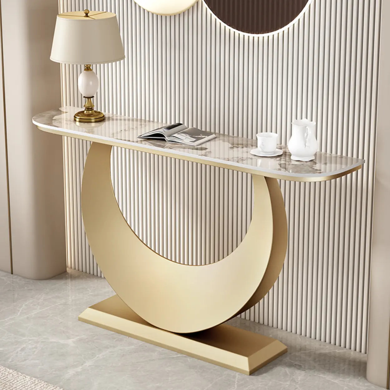 Demilune Sintered Stone Gold Console Table — Black / Gray