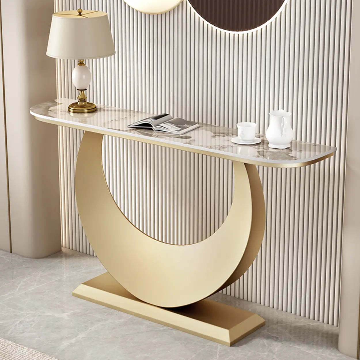 Demilune Sintered Stone Gold Console Table — Black / Gray