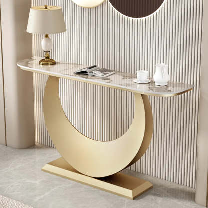 Demilune Sintered Stone Gold Console Table — Black / Gray