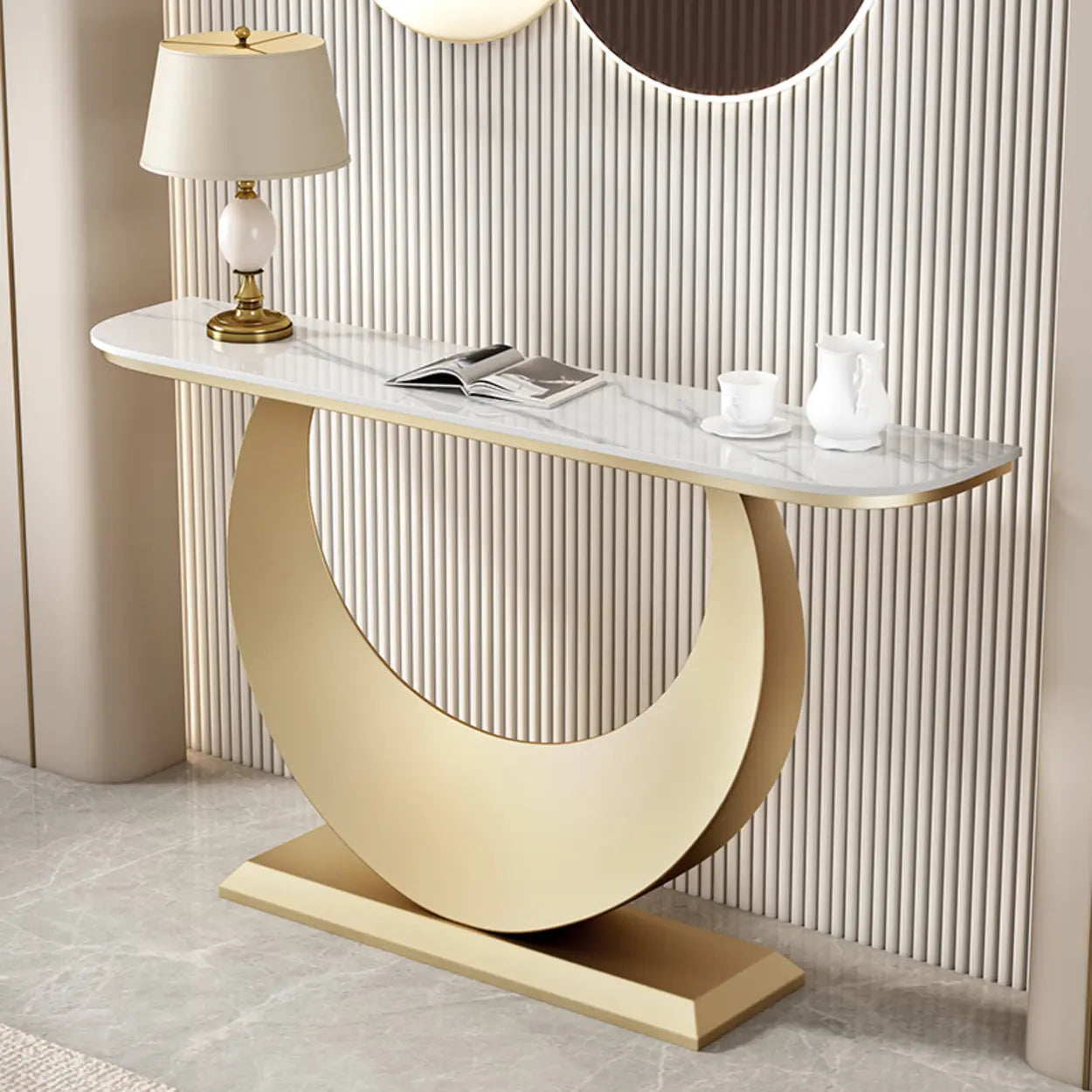 Demilune Sintered Stone Gold Console Table — Black / Pandora