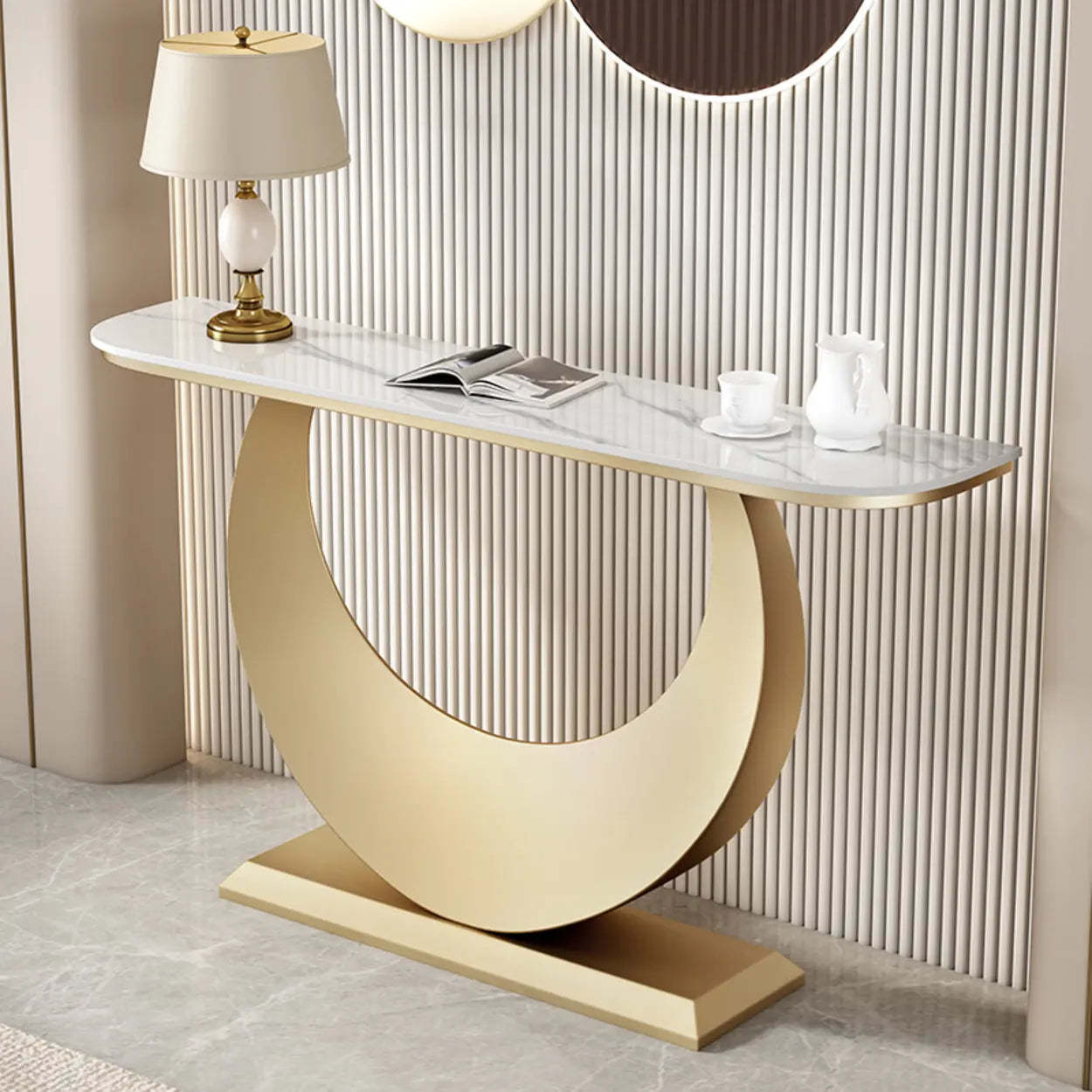 Demilune Sintered Stone Gold Console Table — Black / Pandora
