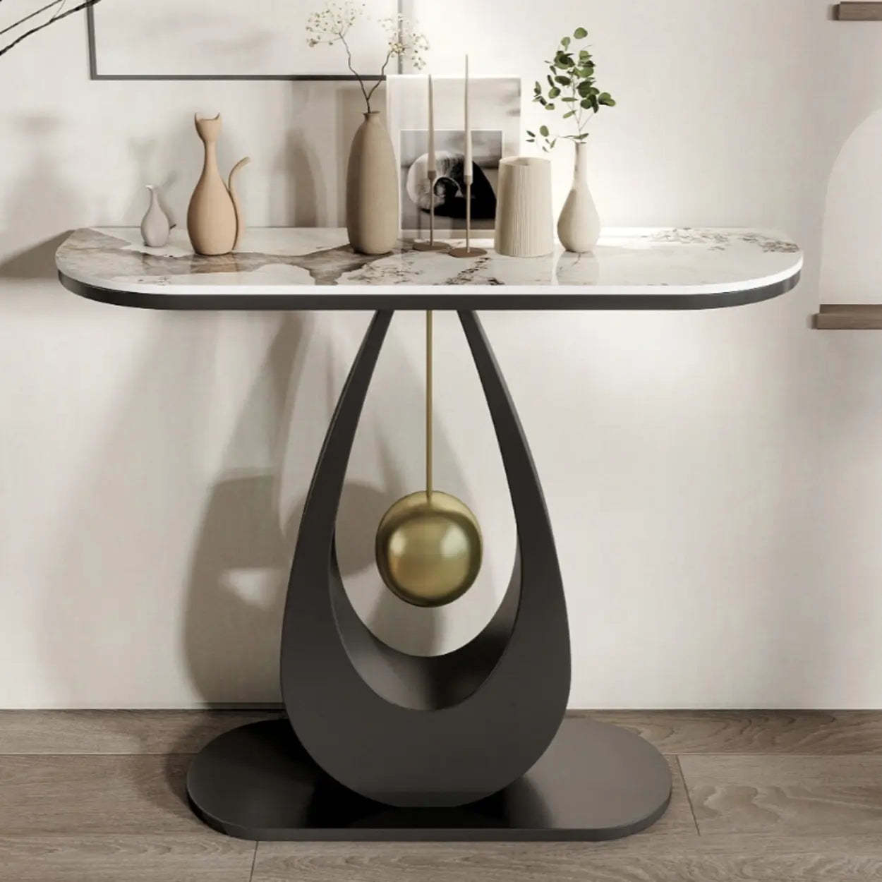 Demilune Sintered Stone Metal Abstract Console Table — Black / White