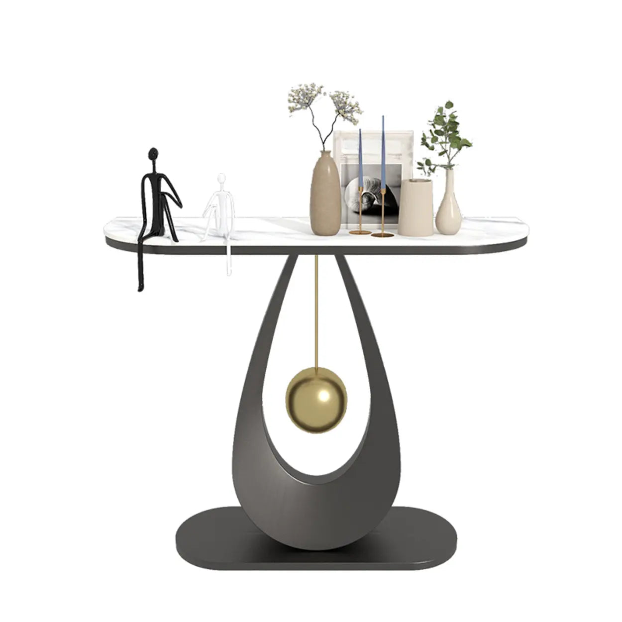 Demilune Sintered Stone Metal Abstract Console Table — Black / Pandora
