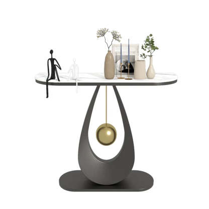 Demilune Sintered Stone Metal Abstract Console Table — Black / Pandora