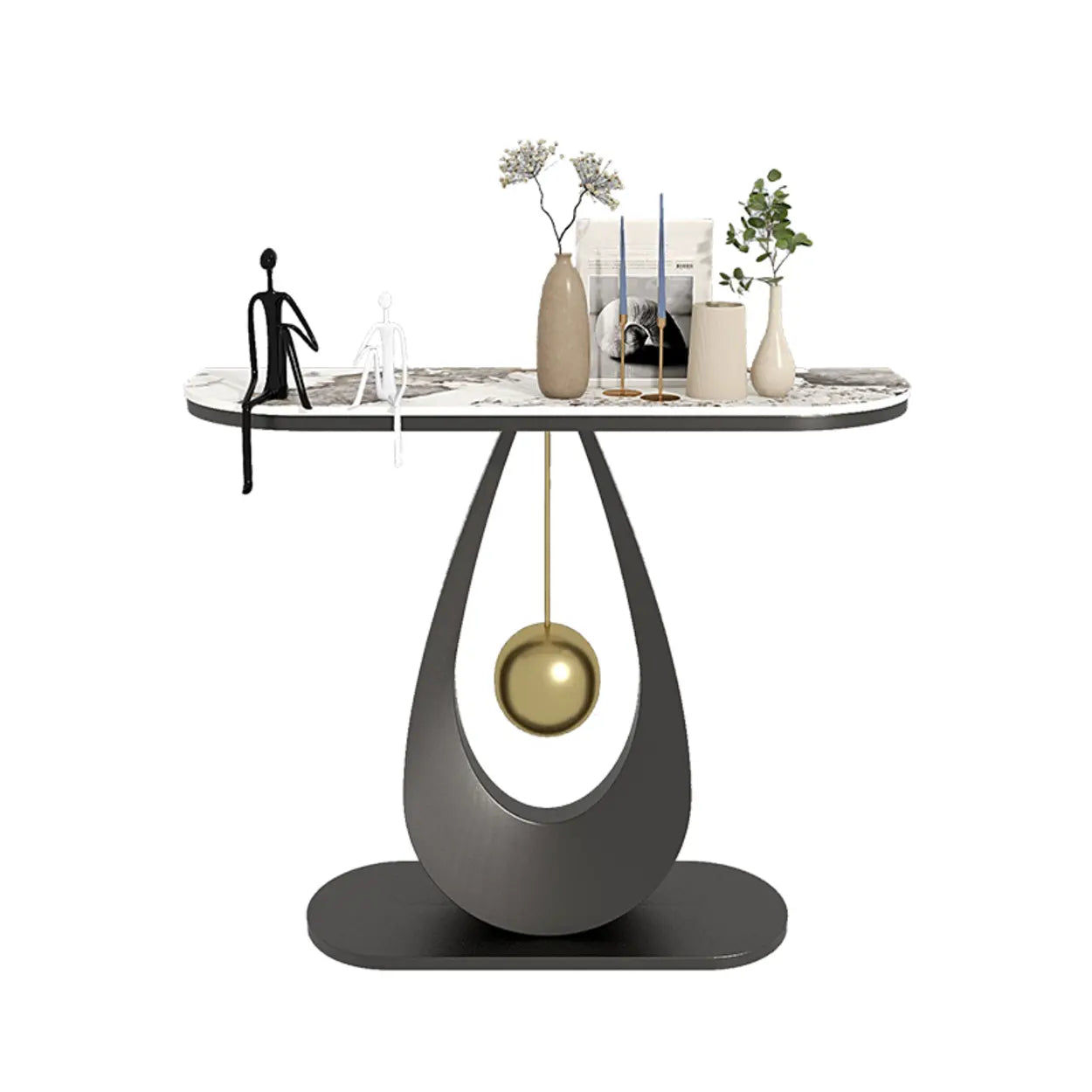 Demilune Sintered Stone Metal Abstract Console Table — Gold / White