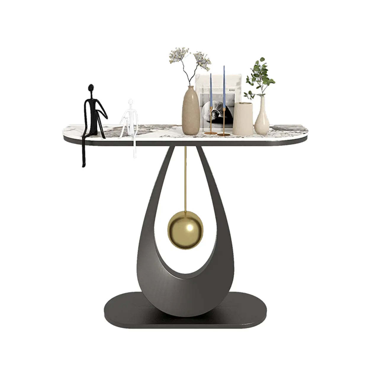 Demilune Sintered Stone Metal Abstract Console Table — Gold / White