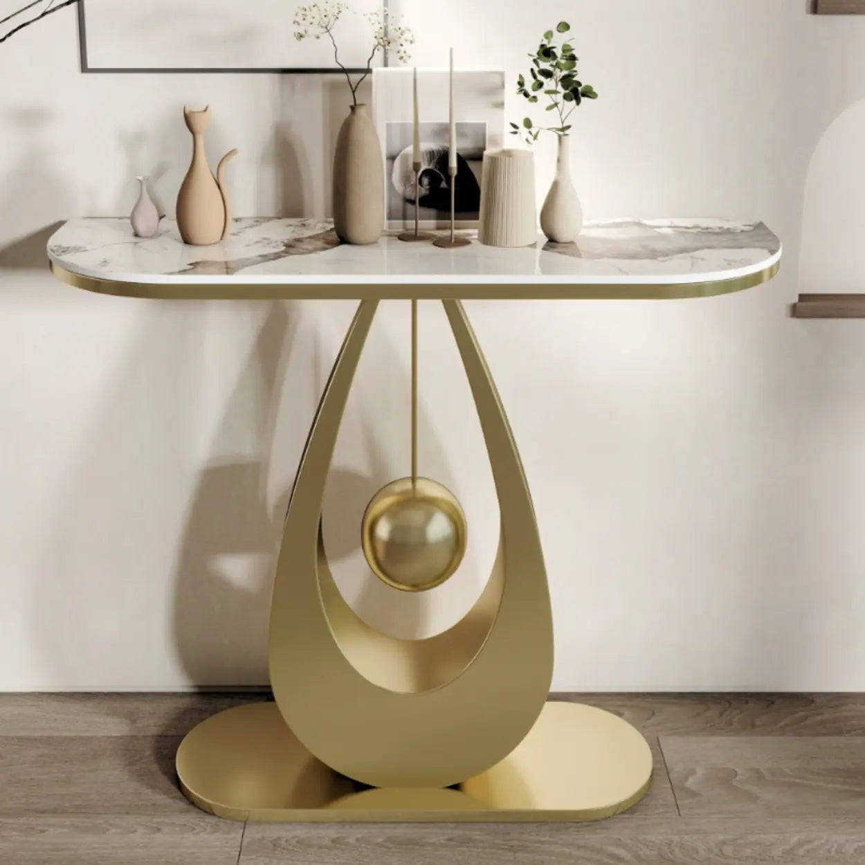 Demilune Sintered Stone Metal Abstract Console Table — Gold / Pandora
