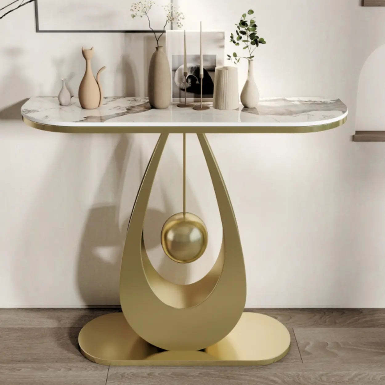 Demilune Sintered Stone Metal Abstract Console Table — Gold / Pandora