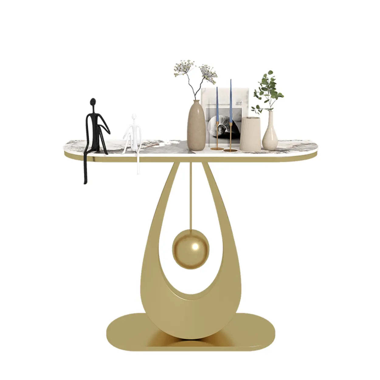 Demilune Sintered Stone Metal Abstract Console Table — Gold / White