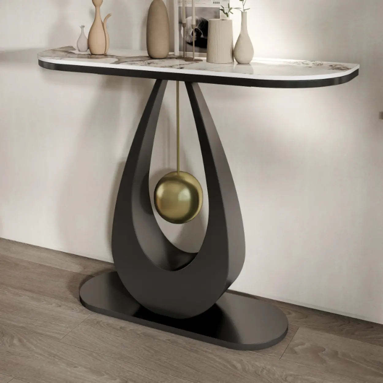 Demilune Sintered Stone Metal Abstract Console Table — Gold / Pandora