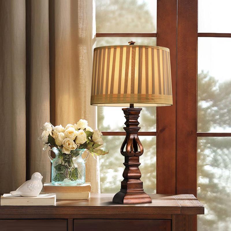 Stripe Drum Shade Antique Rustic Tower Lamp — Remote Control