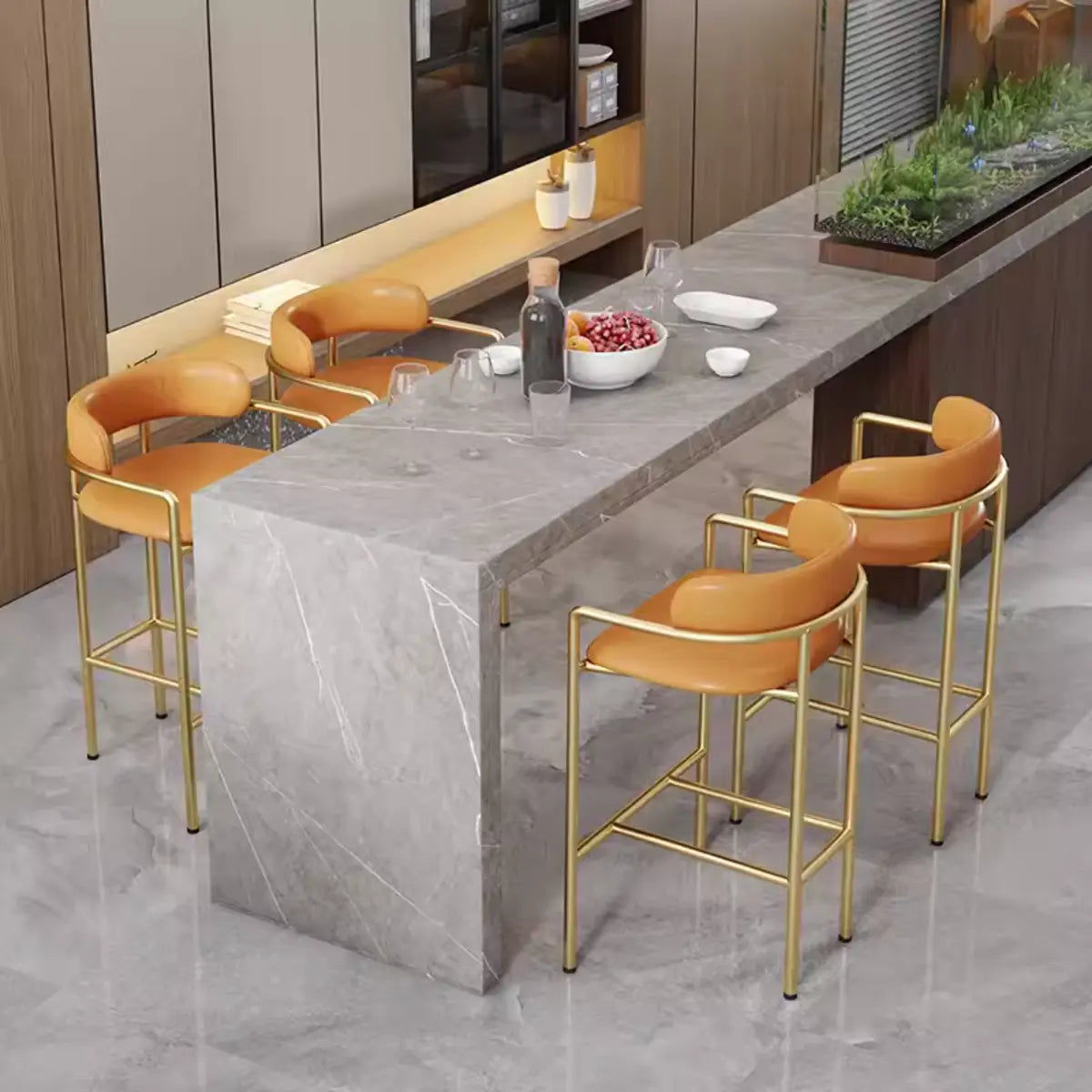 Orange Rectangle Faux Leather Metal Bar Stool — Green / Gold