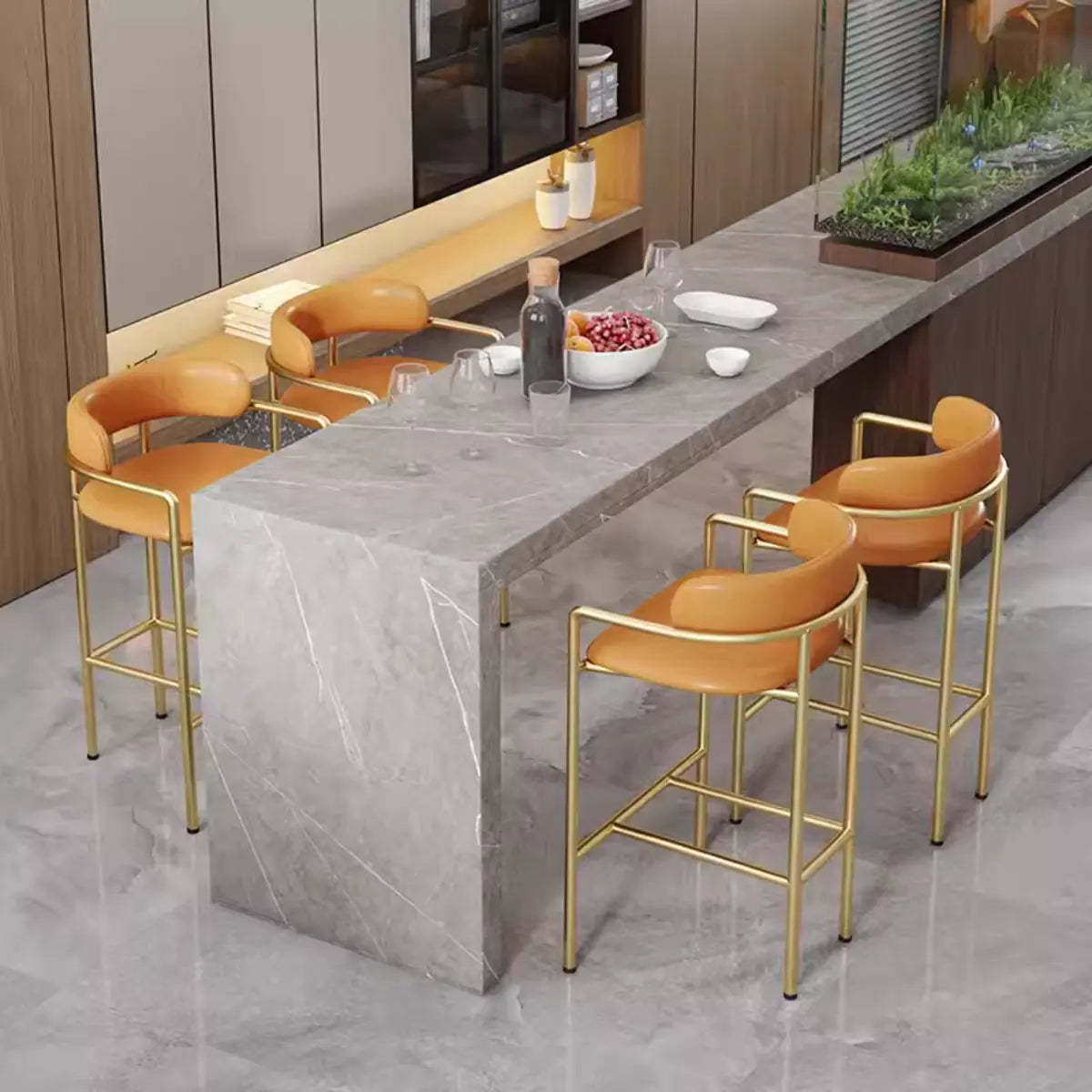 Orange Rectangle Faux Leather Metal Bar Stool — Green / Gold