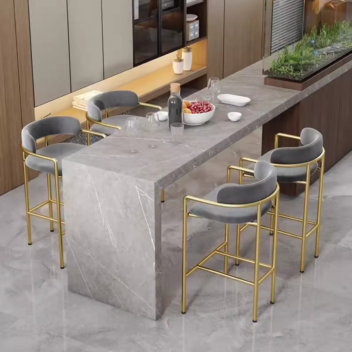 Orange Rectangle Faux Leather Metal Bar Stool — Grey / Gold