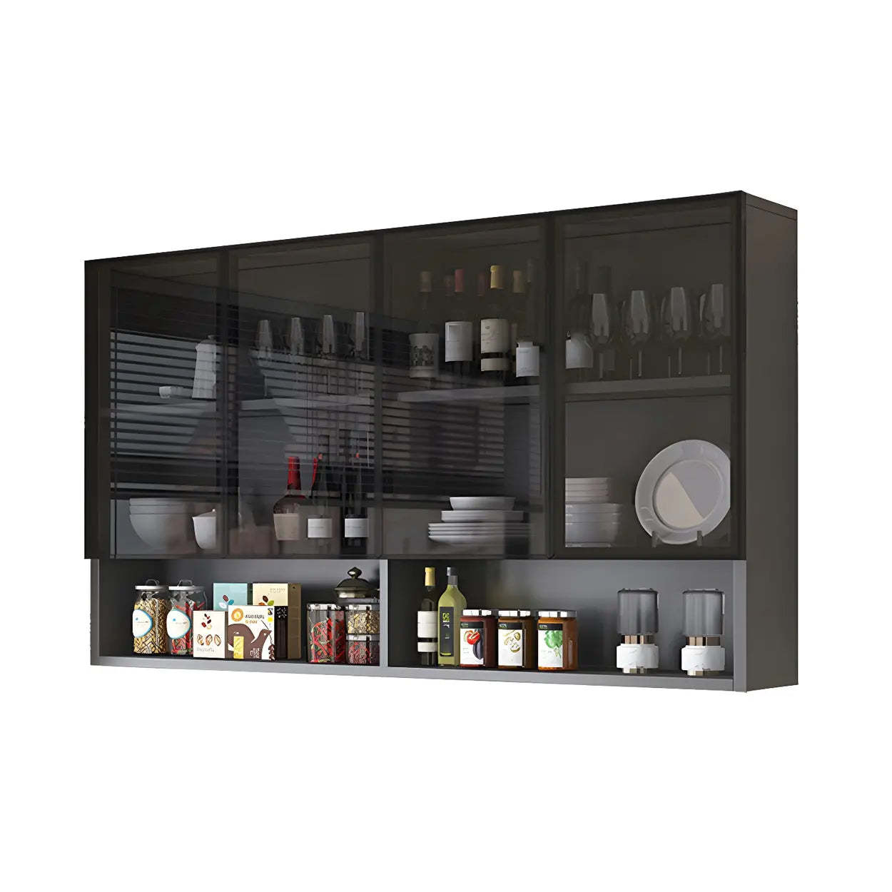 Wall-Mount Gray Wooden China Cabinet — Glass