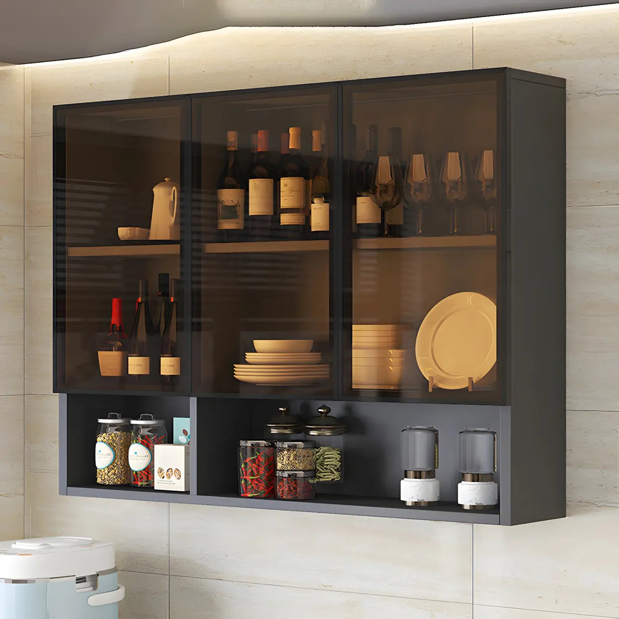 Wall-Mount Gray Wooden China Cabinet — Glass