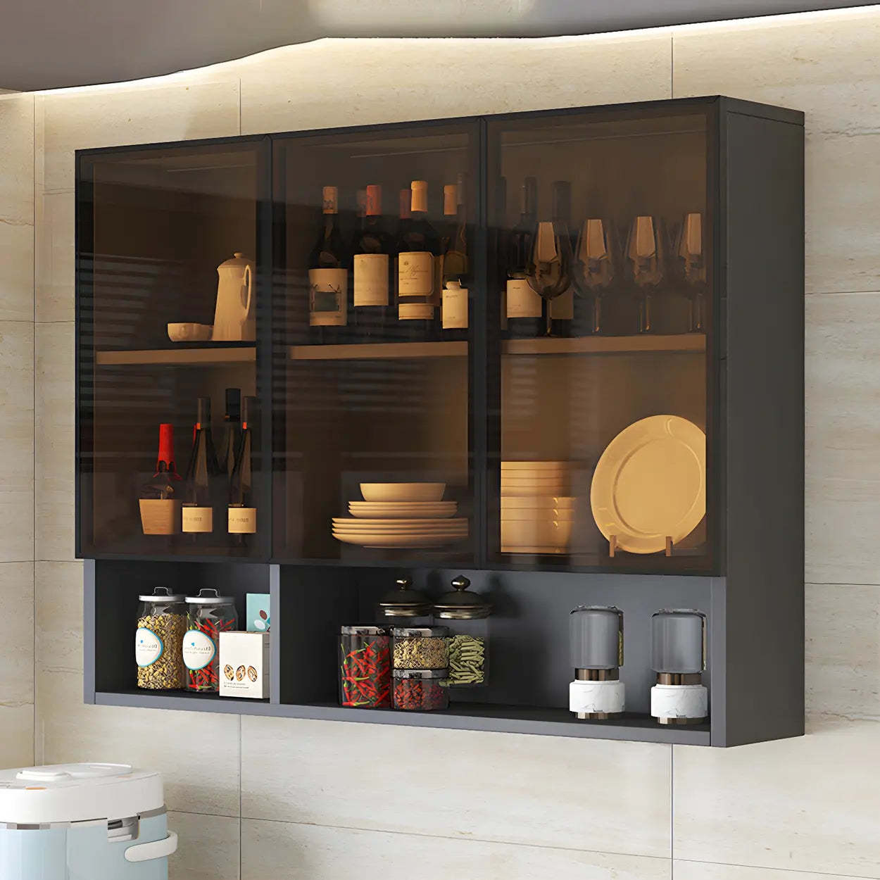 Wall-Mount Gray Wooden China Cabinet — Glass